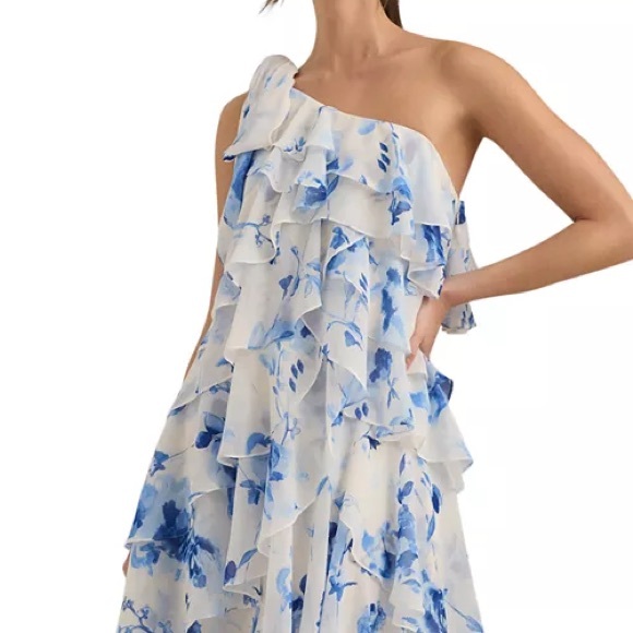Ralph Lauren Blue Floral One-Shoulder Dress Size 14 NWT white and blue - Picture 5 of 6